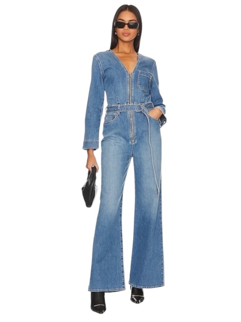 NWT Etica Lia Retro Denim Jumpsuit Medium Wide Leg Belted Sustainable Jeans